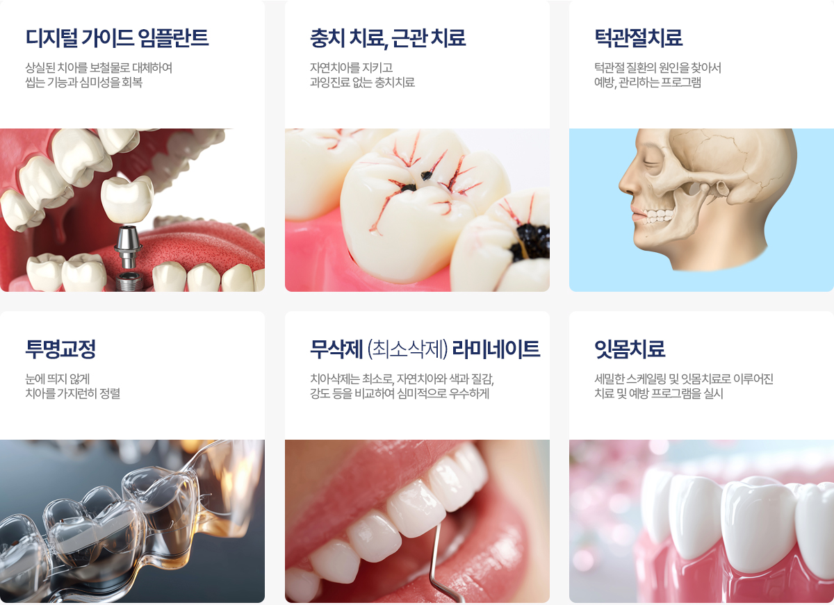 아름미소서울치과 진료과목: 디지털 가이드 임플란트, 충치 치료·근관치료, 턱관절 치료, 투명교정, 무삭제(최소삭제) 라미네이트, 잇몸치료